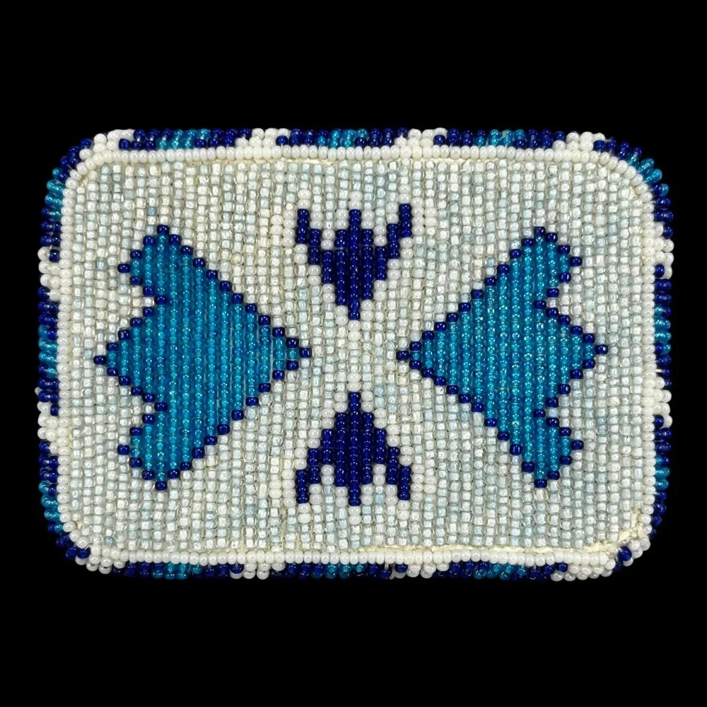 Belt Buckle Handcrafted Seed Bead Geometric Blue White Western Cowboy Accessory